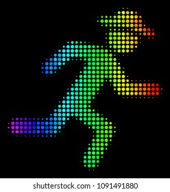 Dotted impressive halftone running gentleman icon using rainbow color variations with horizontal gradient on a black background.