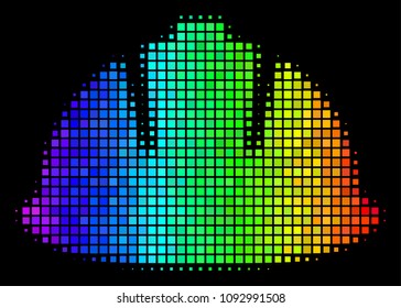 Dotted impressive halftone safety helmet icon in spectral color variations with horizontal gradient on a black background.
