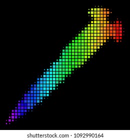 Dotted impressive halftone screw icon using spectral color tints with horizontal gradient on a black background. Colored vector mosaic of screw illustration constructed of rectangle cells.