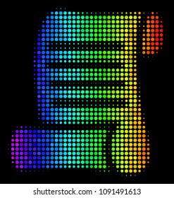 Dotted impressive halftone script roll icon in rainbow color shades with horizontal gradient on a black background. Colored vector pattern of script roll symbol formed from spheric items.