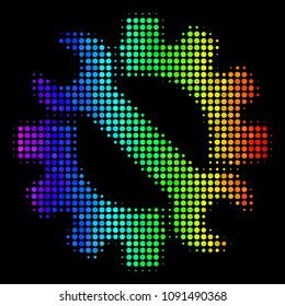 Dotted impressive halftone service tools icon in spectral color tones with horizontal gradient on a black background. Colored vector concept of service tools pictogram composed from round particles.