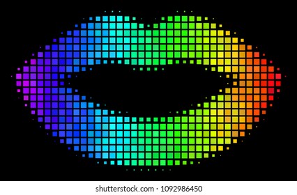 Dotted impressive halftone sexy lips icon drawn with rainbow color hues with horizontal gradient on a black background. Colorful vector concept of sexy lips illustration shaped with square elements.