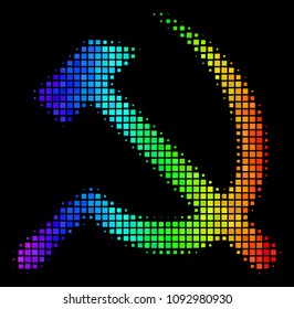 Dotted impressive halftone sickle and hammer icon using rainbow color tinges with horizontal gradient on a black background.