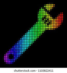 Dotted impressive halftone spanner icon drawn with spectral color variations with horizontal gradient on a black background.