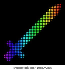 Dotted impressive halftone sword icon using rainbow color tones with horizontal gradient on a black background. Color vector pattern of sword symbol designed of circle elements.