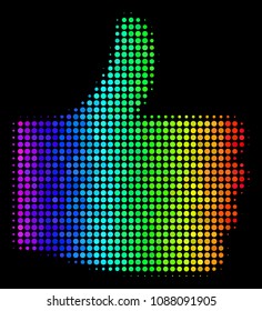 Dotted impressive halftone thumb up icon using rainbow color shades with horizontal gradient on a black background. Bright vector concept of thumb up illustration made from round items.