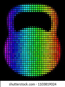 Dotted impressive halftone weight icon drawn with spectral color tints with horizontal gradient on a black background. Bright vector mosaic of weight illustration made from rectangular array cells.