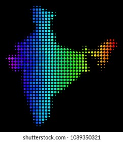 Dotted India map. Halftone geographical plan using rainbow color tints with horizontal gradient on a black background. Vector mosaic of India map organized of filled spheres.