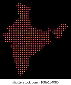 Dotted India map. Vector geographic scheme in red color tints on a black background. Abstract concept of India map composed from regular square dots.