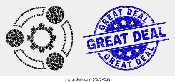 Dotted Industrial Cooperation Mosaic Pictogram And Great Deal Seal Stamp. Blue Vector Rounded Textured Seal Stamp With Great Deal Title. Vector Combination In Flat Style.