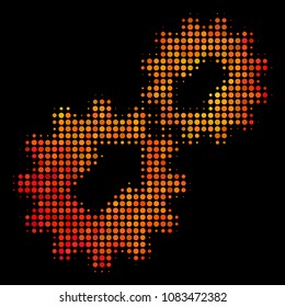 Dotted integration icon. Bright pictogram in hot color tones on a black background. Vector halftone pattern of integration pictogram formed from spheric elements.