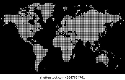 Dotted international map vector showing remoted globe in pixel art. Great for modern graphic design, technology themed visuals, and summary global dotted map in backgrounds