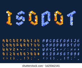 Dotted Isometric Techno font. Memphis dot style letters left and right side. Colored Set of vector letters constructed on the basis of the isometric view. Geometric font. Vector illustration alphabet.