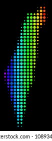 Dotted Israel map. Halftone geographical plan in rainbow color tinges with horizontal gradient on a black background. Vector pattern of Israel map done of filled spheres.
