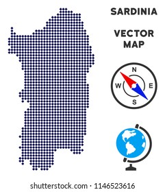Dotted Italian Sardinia Island map. Abstract geographic plan. Dots have rhombic shape and dark blue color. Vector concept of Italian Sardinia Island map designed of rhombic pixel pattern.