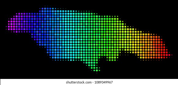 Dotted Jamaica map. Halftone geographical scheme in rainbow color hues with horizontal gradient on a black background. Vector concept of Jamaica map combined of circle points.