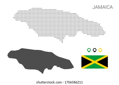 Dotted jamaica map with national flag and map marker. Illustration for technology design or infographics. Isolated on white background. Travel vector illustration