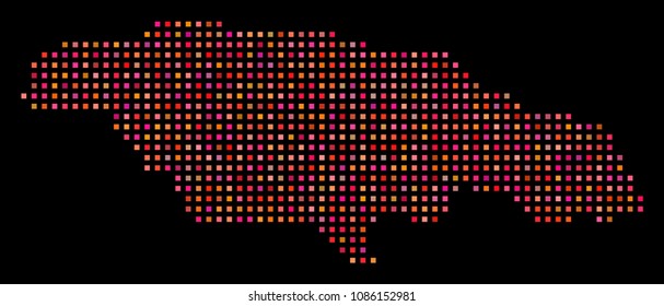 Dotted Jamaica map. Vector geographic scheme in red color tints on a black background. Abstract mosaic of Jamaica map composed with regular square dots.