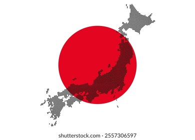 Dotted Japan silhouette against the national flag. Silhouette of Japan, generated from radially distributed black dots, emanating from the capital Tokyo, on a crimson-red rising sun on a white field.