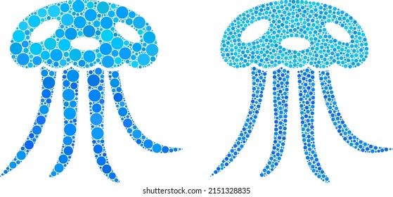 Dotted jellyfish icon. Mosaic jellyfish icon composed of spheric parts in various sizes and color shades. Vector spheric dots are composed into illustration jellyfish icon.