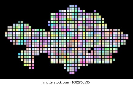 Dotted Kazakhstan map. Vector geographic map in smoothed randomized colors on a black background. Vector concept of Kazakhstan map formed with regular square dots.