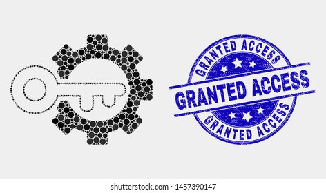 Dotted key options gear mosaic pictogram and Granted Access seal stamp. Blue vector round scratched seal stamp with Granted Access text. Vector composition in flat style.