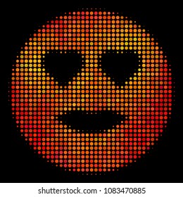 Dotted lady love smiley icon. Bright pictogram in fire orange color tones on a black background. Vector halftone mosaic of lady love smiley pictogram composed of circle items.