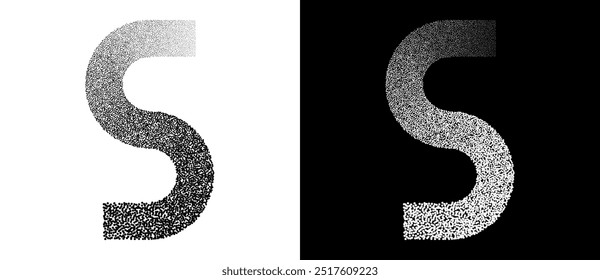 Dotted letter S as logo or icon. Retro effect with dots abstract illustration. Black shape on a white background and the same white shape on the black side.