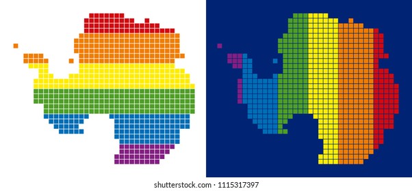 Dotted LGBT Antarctica map versions. Vector geographic schemes in LGBT rainbow colors with vertical and horizontal directions on white and blue backgrounds.