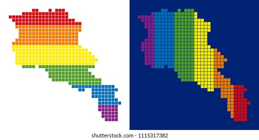 Dotted LGBT Armenia map variants. Vector geographic schemes in LGBT flag colors with vertical and horizontal directions on white and blue backgrounds.
