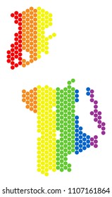 A dotted LGBT Chinese Macau map for lesbians, gays, bisexuals, and transgenders. Multicolored vector mosaic of Chinese Macau map made with round pixels.