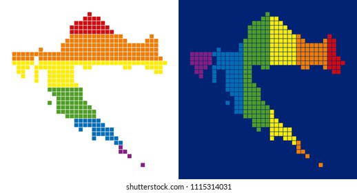 Dotted LGBT Croatia map variants. Vector geographic plans in rainbow colors with vertical and horizontal directions on white and blue backgrounds.