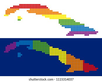 Dotted LGBT Cuba map variants. Vector geographic plans in LGBT rainbow colors with vertical and horizontal directions on white and blue backgrounds.