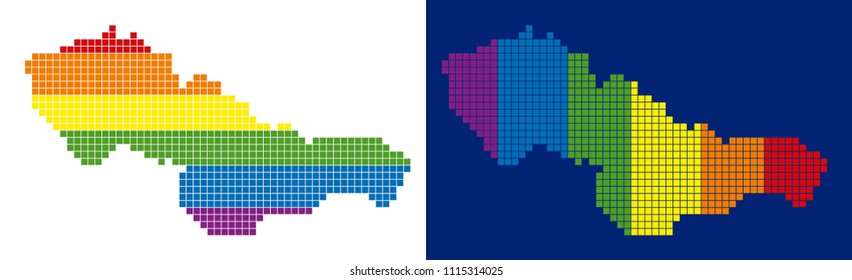 Dotted LGBT Czechoslovakia map versions. Vector geographic schemes in rainbow colors with vertical and horizontal directions on white and blue backgrounds.