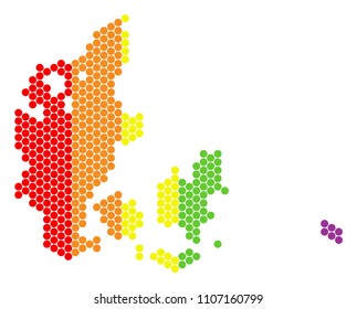 A dotted LGBT Denmark map for lesbians, gays, bisexuals, and transgenders. Colorful vector mosaic of Denmark map made with spheric pixels.