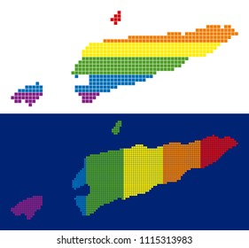 Dotted LGBT East Timour map variants. Vector geographic plans in LGBT flag colors with vertical and horizontal directions on white and blue backgrounds.