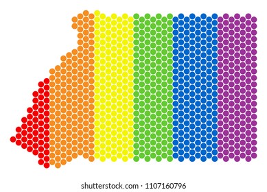 A dotted LGBT Equatorial Guinea map for lesbians, gays, bisexuals, and transgenders. Rainbow vector collage of Equatorial Guinea map composed of round pixels.