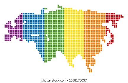 A dotted LGBT Eurasia Map for lesbians, gays, bisexuals, and transgenders. Vector geographic map in LGBT flag colors on a white background.