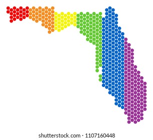A dotted LGBT Florida map for lesbians, gays, bisexuals, and transgenders. Rainbow vector collage of Florida map constructed of round spots.