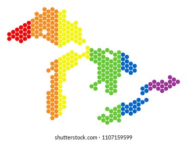 A dotted LGBT Great Lakes map for lesbians, gays, bisexuals, and transgenders. Color vector composition of Great Lakes map formed of spheric pixels.