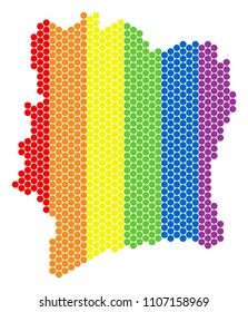 A dotted LGBT Ivory Coast map for lesbians, gays, bisexuals, and transgenders. Colored vector collage of Ivory Coast map combined with round spots.