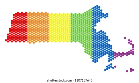 A dotted LGBT Massachusetts State map for lesbians, gays, bisexuals, and transgenders. Colored vector concept of Massachusetts State map created with spheric pixels.