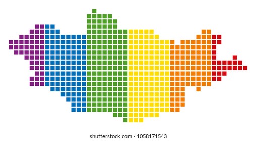 A dotted LGBT Mongolia Map for lesbians, gays, bisexuals, and transgenders. Vector geographic map in LGBT flag colors on a white background.