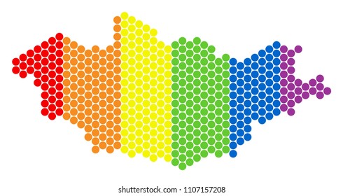 A dotted LGBT Mongolia map for lesbians, gays, bisexuals, and transgenders. Multicolored vector mosaic of Mongolia map combined with round dots.