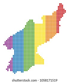 A dotted LGBT North Korea Map for lesbians, gays, bisexuals, and transgenders. Vector geographic map in LGBT flag colors on a white background.