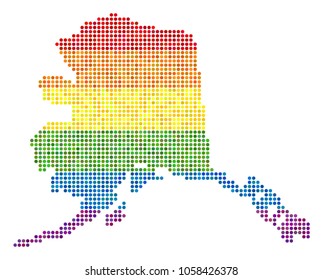A dotted LGBT pride Alaska Map for lesbians, gays, bisexuals, and transgenders. Vector homosexual tolerance geographic map in LGBT flag color tones on a white background.