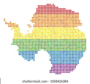 A dotted LGBT pride Antarctica Map for lesbians, gays, bisexuals, and transgenders. Vector homosexual tolerance geographic map in LGBT flag color tinges on a white background.