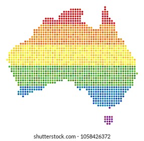 A dotted LGBT pride Australia Map for lesbians, gays, bisexuals, and transgenders. Vector homosexual tolerance geographic map in LGBT flag color shades on a white background.