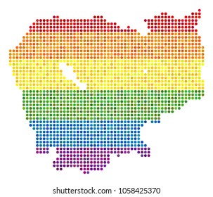 A dotted LGBT pride Cambodia Map for lesbians, gays, bisexuals, and transgenders. Vector homosexual tolerance geographic map in LGBT flag color hues on a white background.