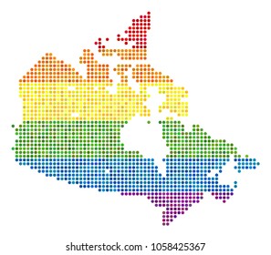 A dotted LGBT pride Canada Map for lesbians, gays, bisexuals, and transgenders. Vector homosexual tolerance geographic map in LGBT flag color tints on a white background.